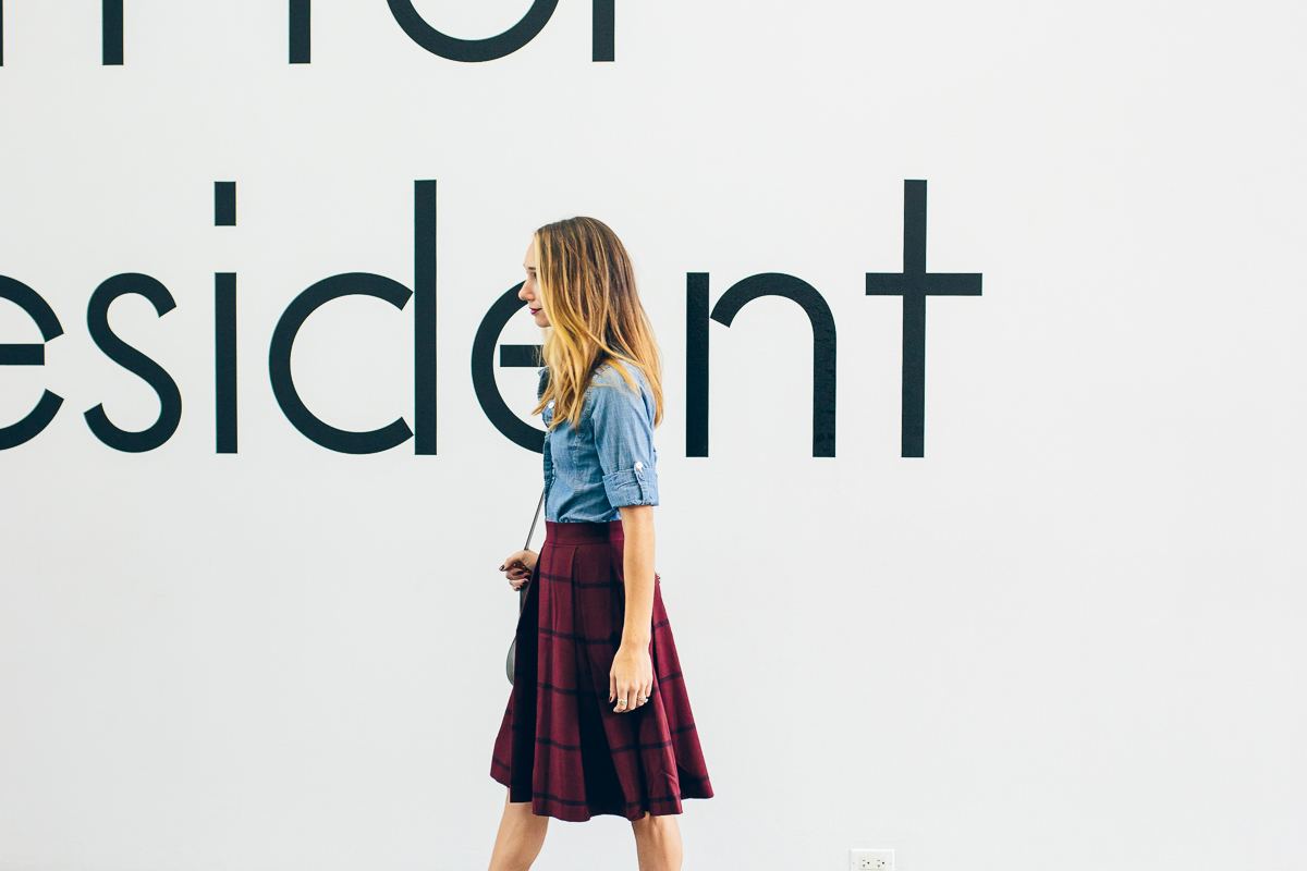 plaid midi skirt, chambray top, holiday outfit idea, outfit inspiration — via @TheFoxandShe