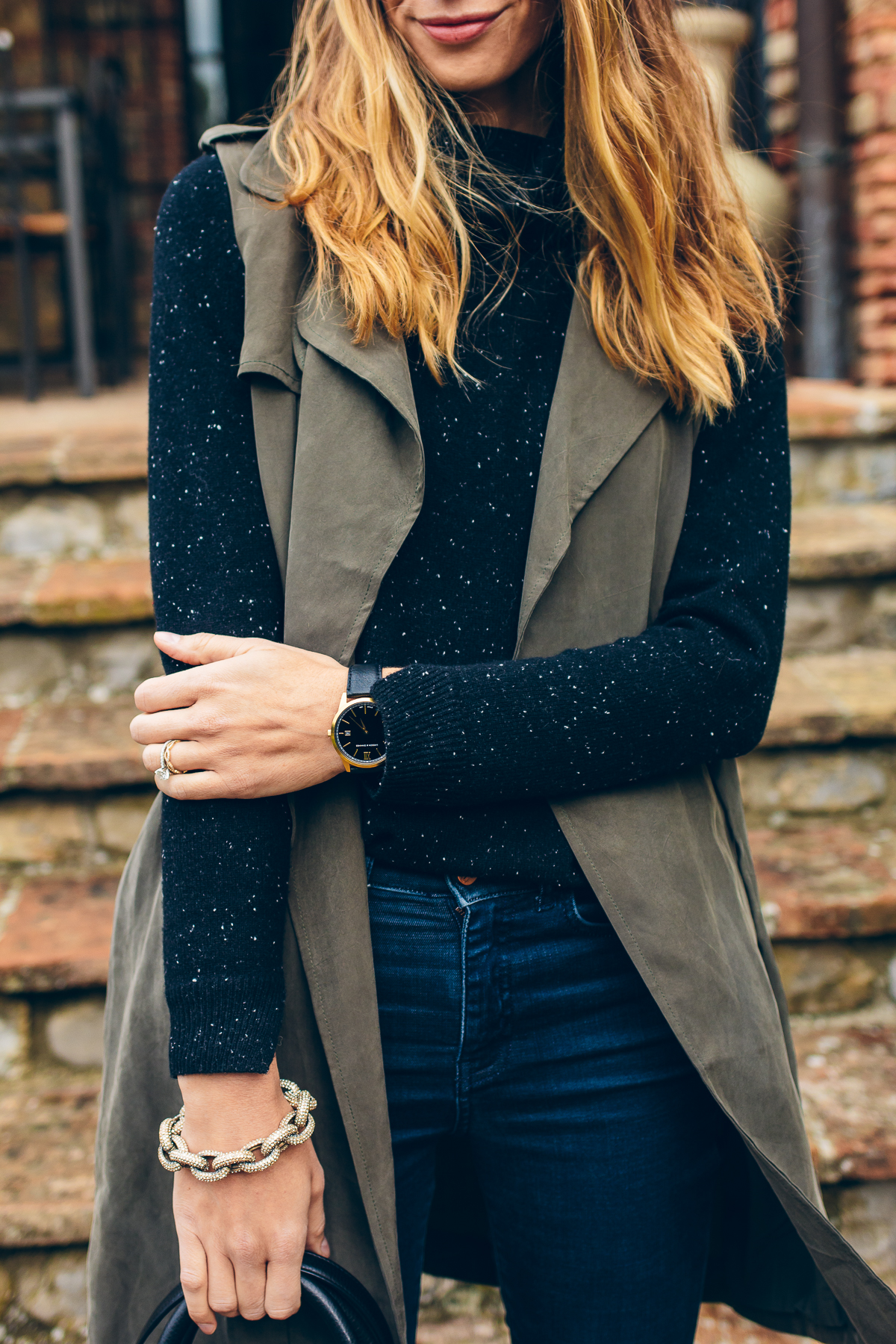 trench vest, black cashmere sweater, winter outfit — via @TheFoxandShe