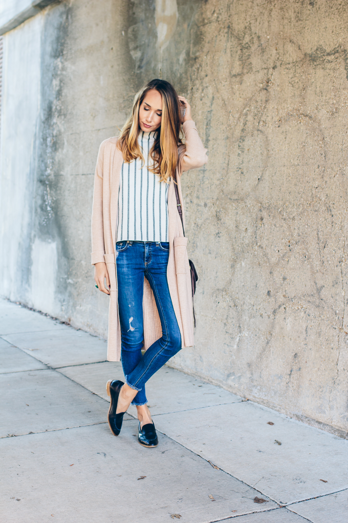 casual winter outfit, striped tee, long cardigan, loafers — via @TheFoxandShe