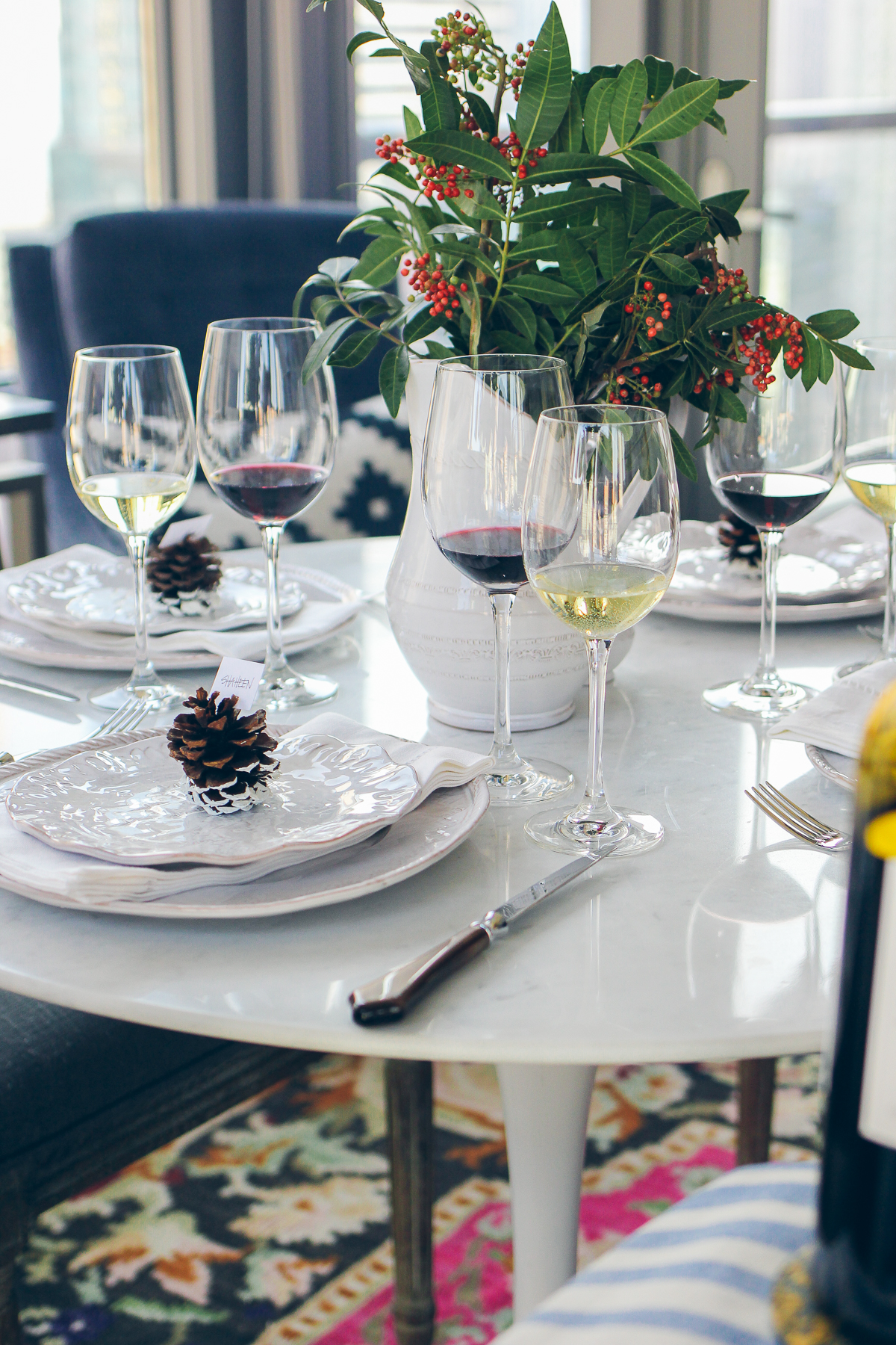 elegant table setting with dipped pine cone place settings, wine tasting — via @TheFoxandShe