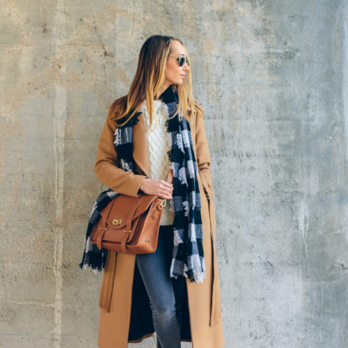 camel coat, gigi new york satchel, buffalo check scarf — via @TheFoxandShe