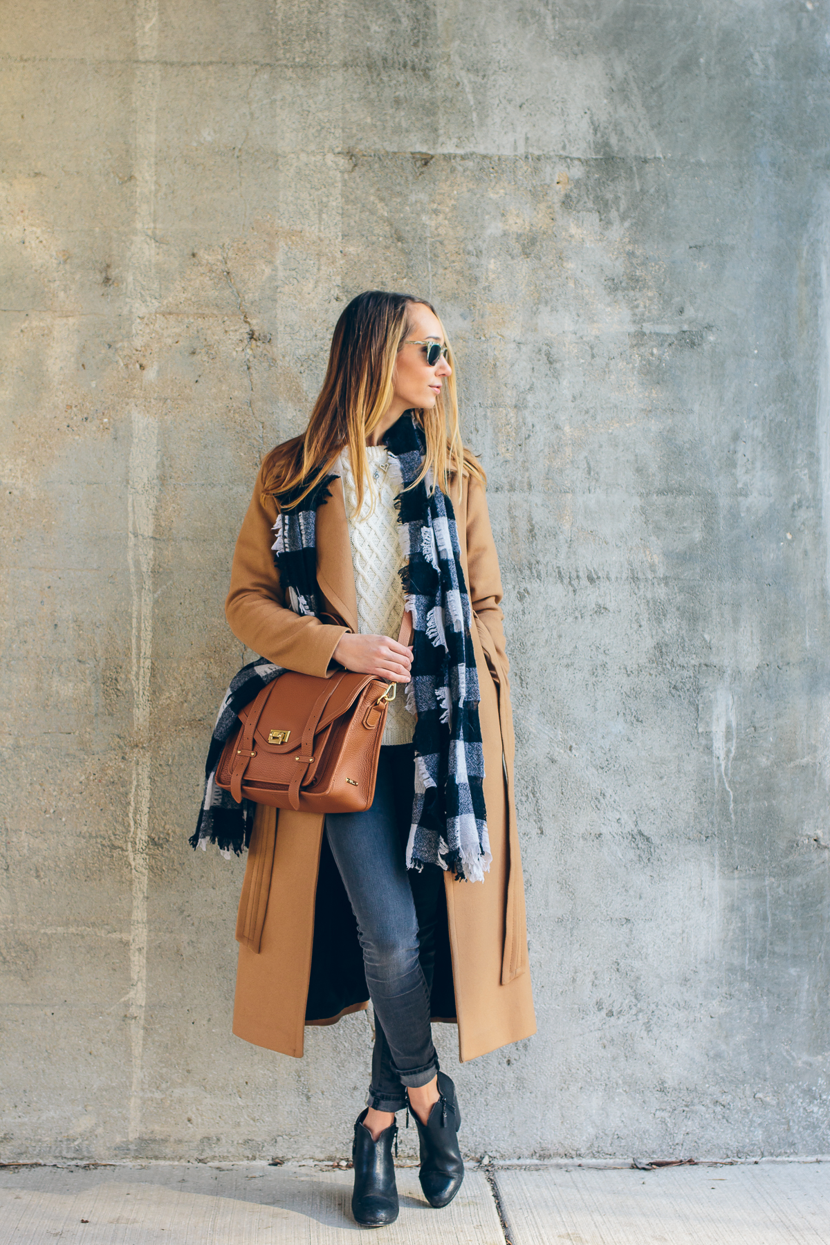 camel coat, gigi new york satchel, buffalo check scarf — via @TheFoxandShe