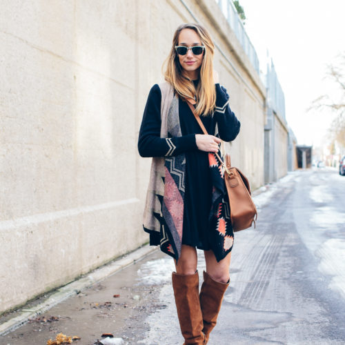 casual black dress, aztec cardigan, over the knee boots — via @TheFoxandShe