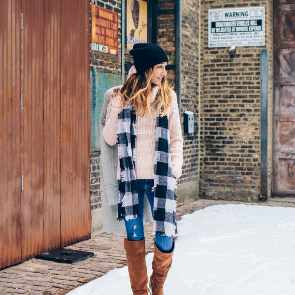 how to wear a beanie, buffalo plaid scarf, ohanna boots, over the knee boots — via @TheFoxandShe
