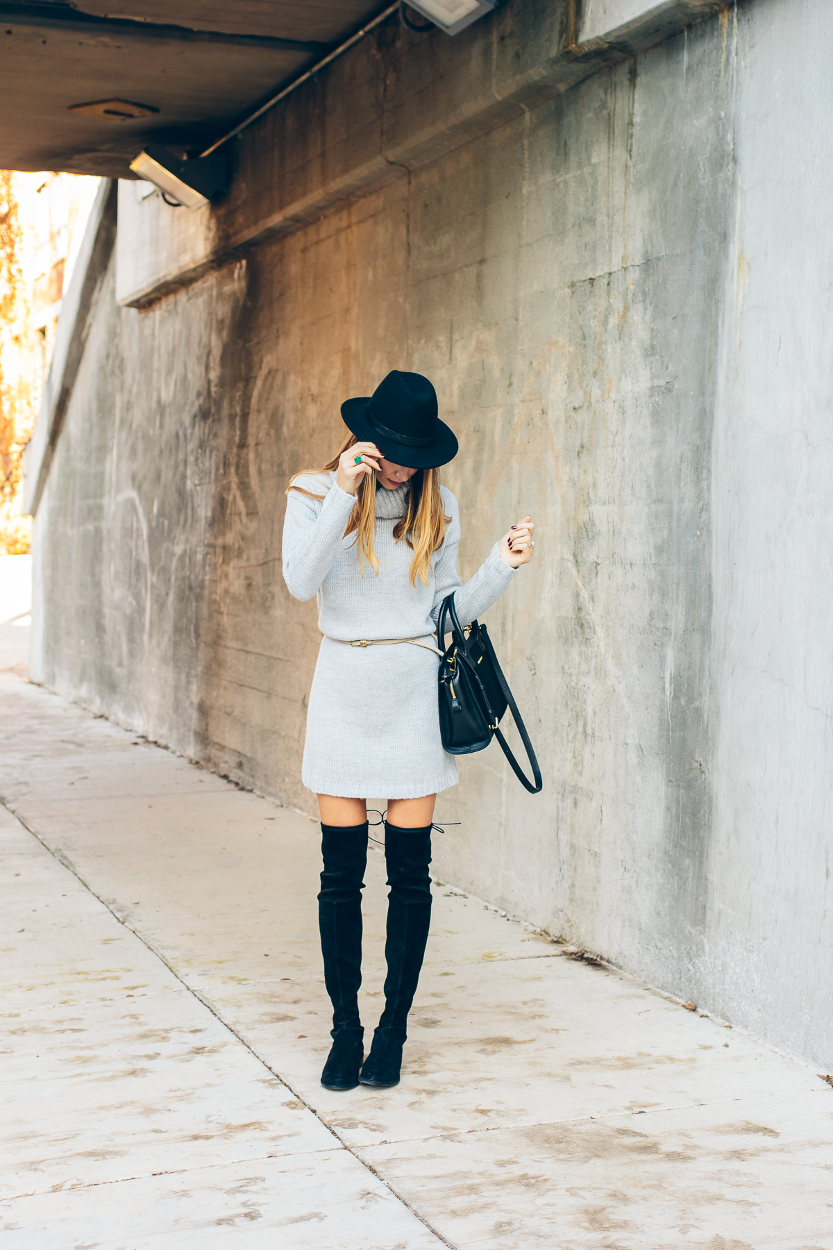 sweater dress, lowland boots, calf hair bag, fedora — via @TheFoxandShe