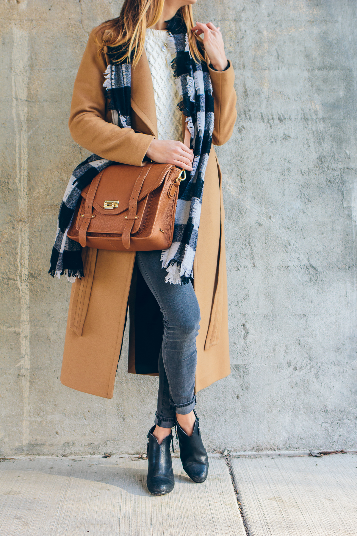 camel coat, gigi new york satchel, buffalo check scarf — via @TheFoxandShe