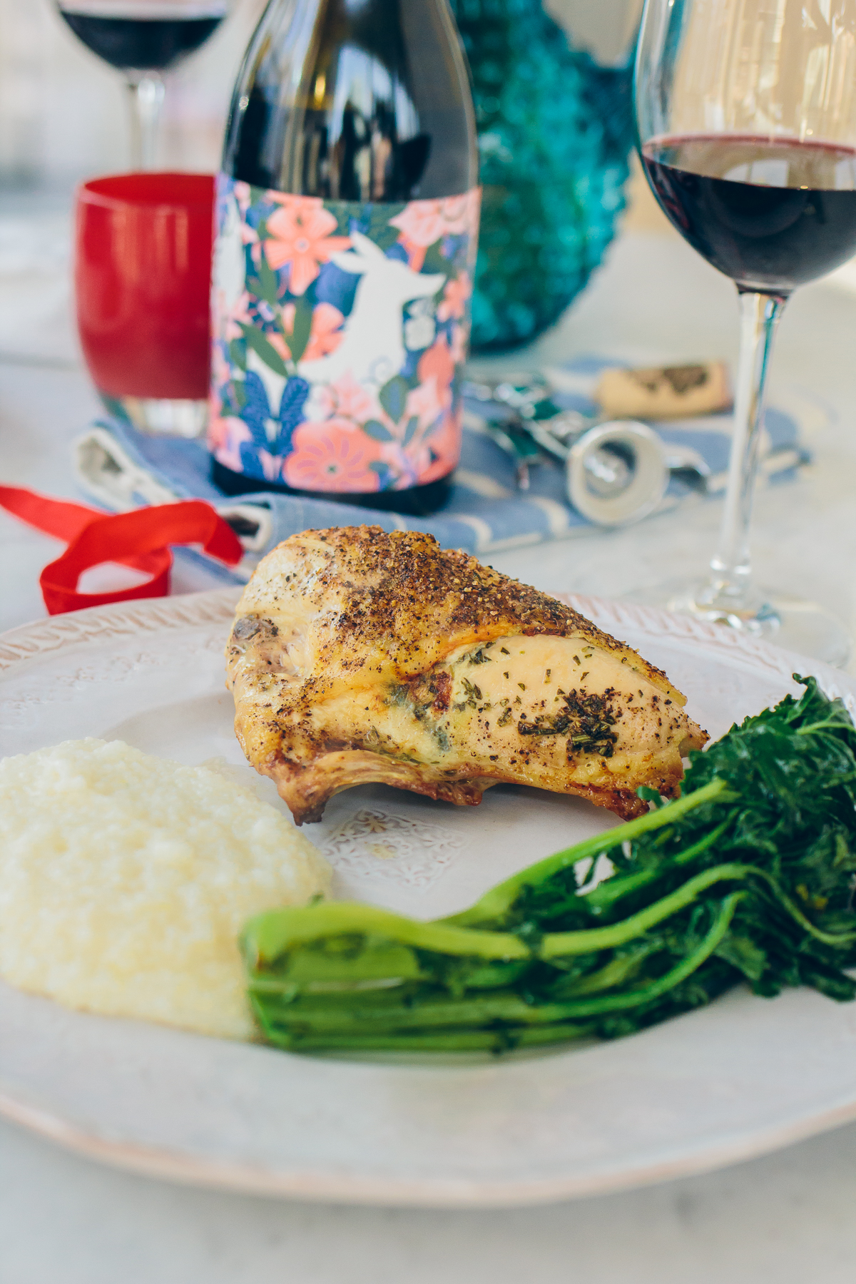roasted chicken, parmesan grits, broccoli rabe, simple date night dinner — via @TheFoxandShe