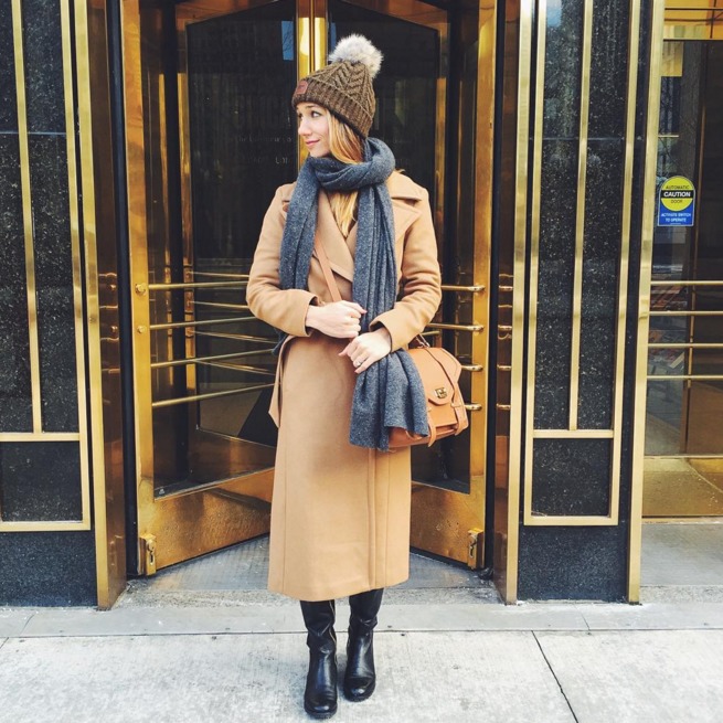 pom pom beanie, camel coat — via @TheFoxandShe