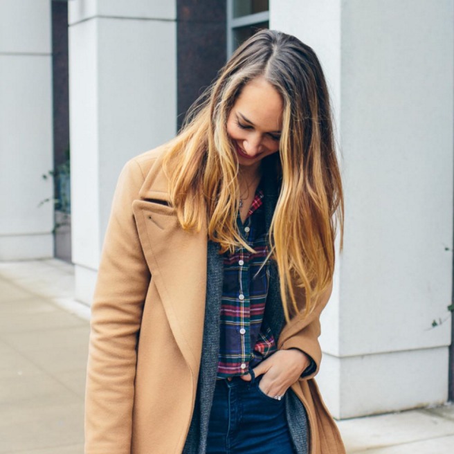 camel coat, plaid shirt — via @TheFoxandShe