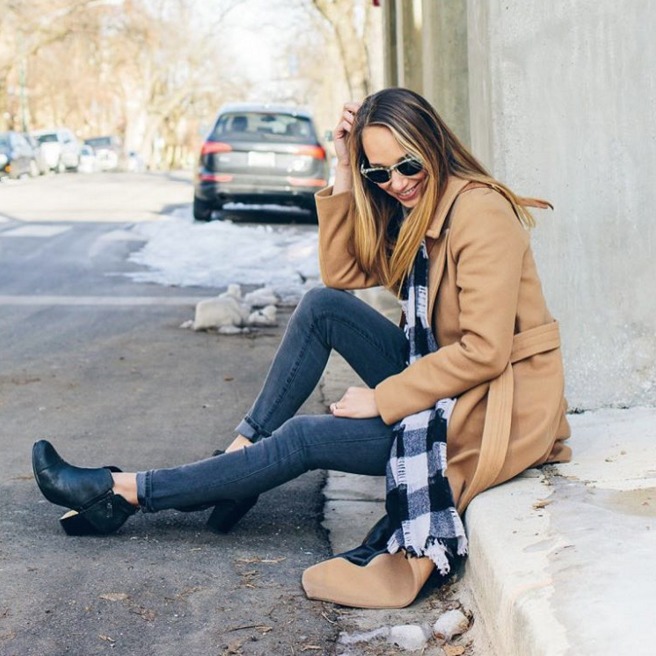 camel coat, buffalo check scarf — via @TheFoxandShe