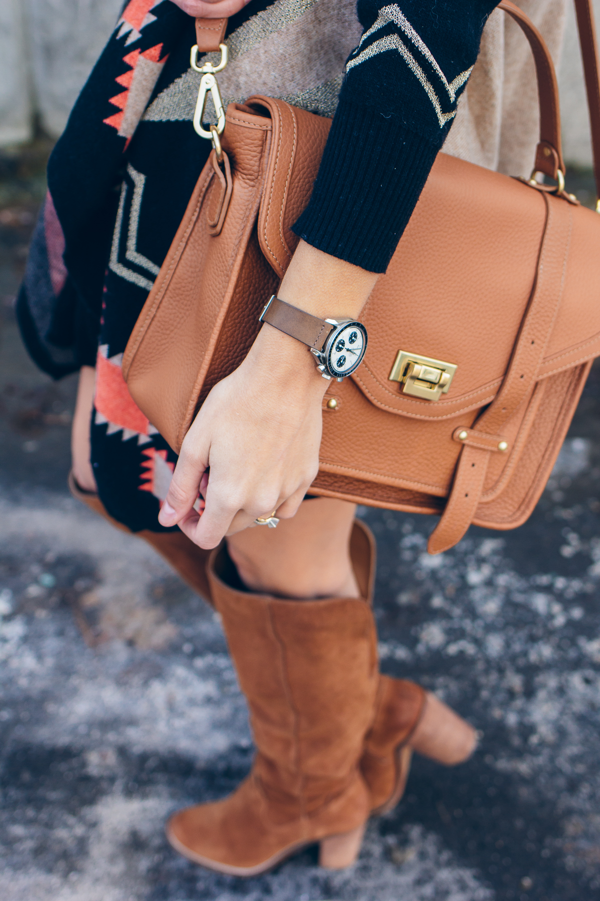 casual black dress, aztec cardigan, over the knee boots — via @TheFoxandShe