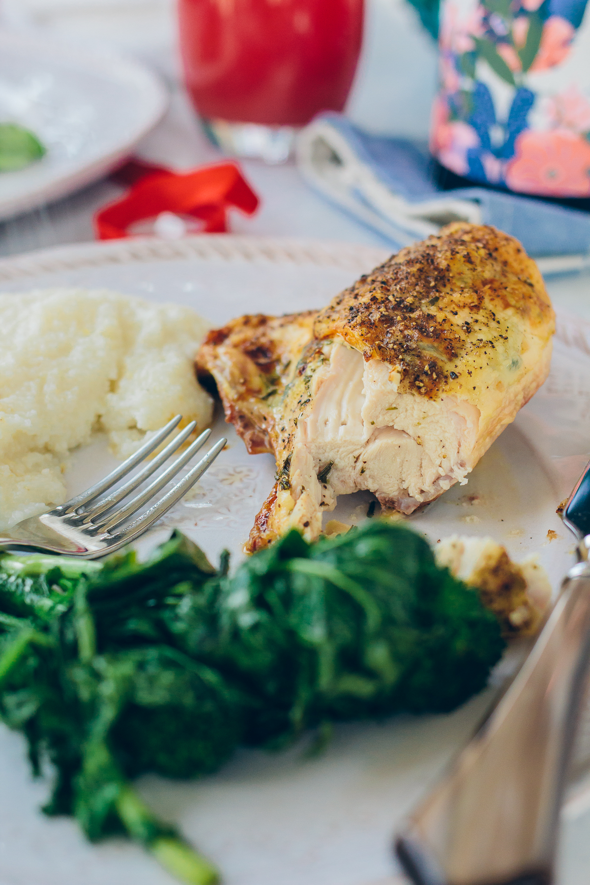 roasted chicken, parmesan grits, broccoli rabe, simple date night dinner — via @TheFoxandShe