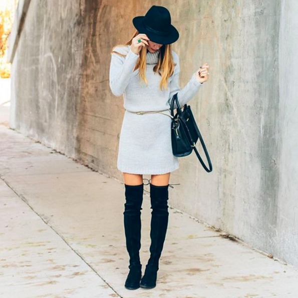 sweater dress, fedora, over the knee boots — via @TheFoxandShe