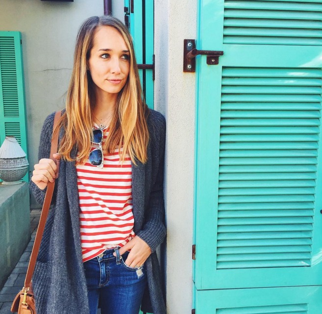 striped tee, long cardigan — via @TheFoxandShe