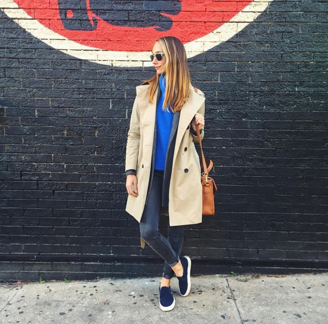 trench coat, blue sweater, slip-on sneakers — via @TheFoxandShe