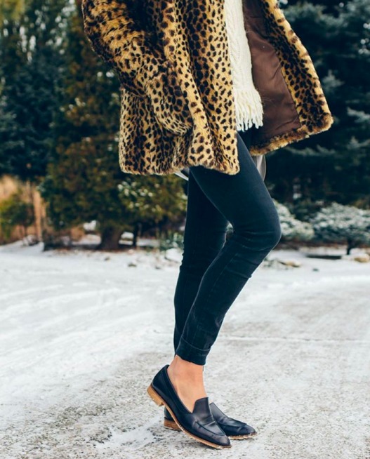 leopard coat, fringed sweater, loafers — via @TheFoxandShe