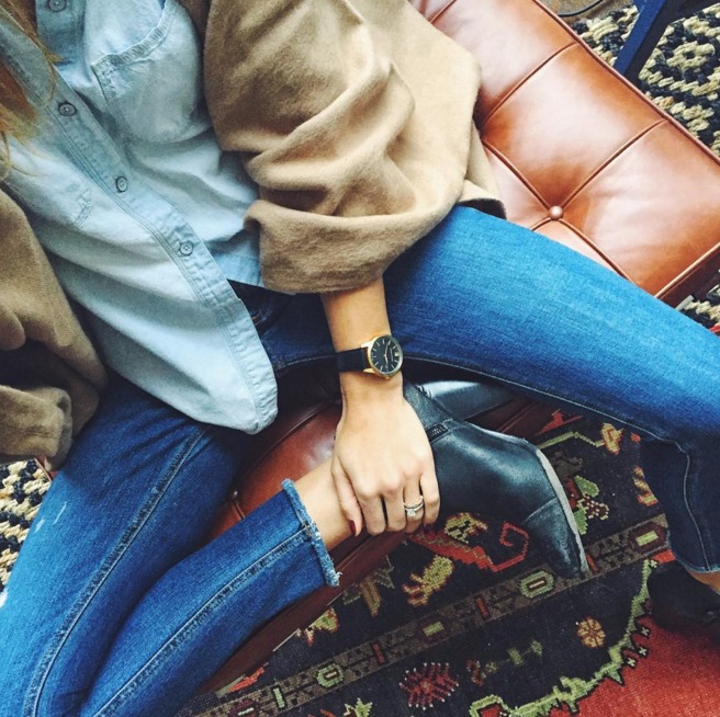 denim on denim, camel wrap — via @TheFoxandShe