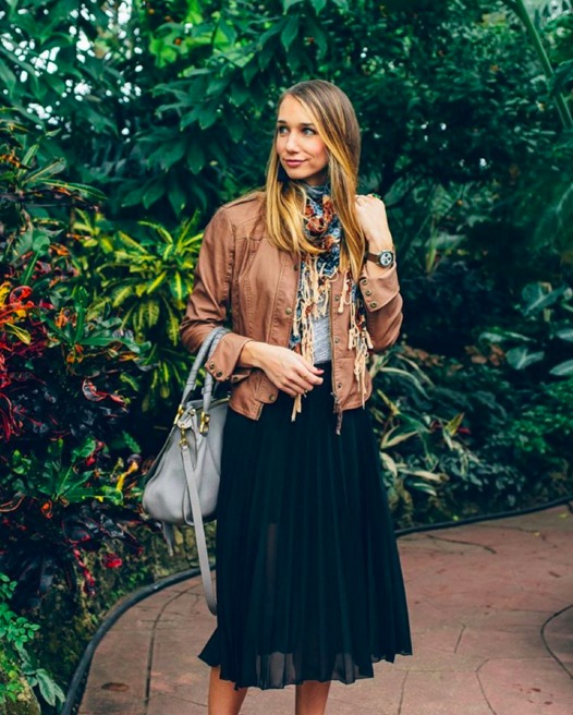 pleated midi skirt, vegan leather jacket, how to wear a scarf — via @TheFoxandShe