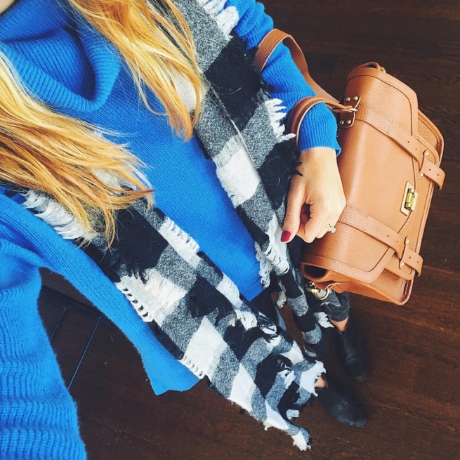 buffalo check scarf, check scarf, blue sweater — via @TheFoxandShe