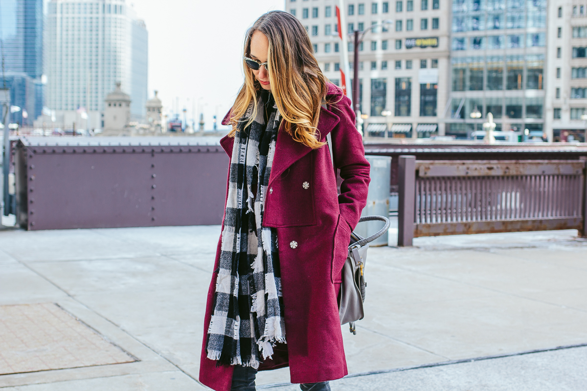 winter outfit inspiration, raspberry coat, designer purse, chicago style blogger, grey skinny jeans — via @TheFoxandShe