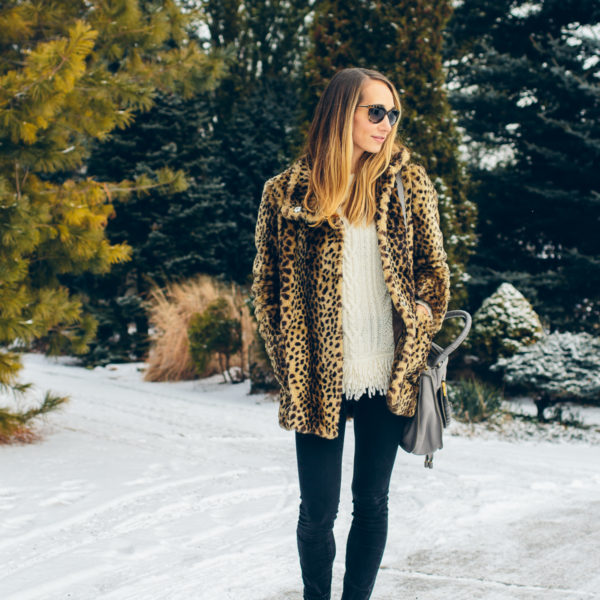 leopard coat, fringe sweater, black skinny jeans, pointy toe loafers — via @TheFoxandShe
