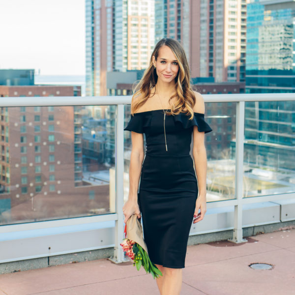 off the shoulder dress, little black dress, ruffled top dress, pencil dress, valentines day outfit — via @TheFoxandShe