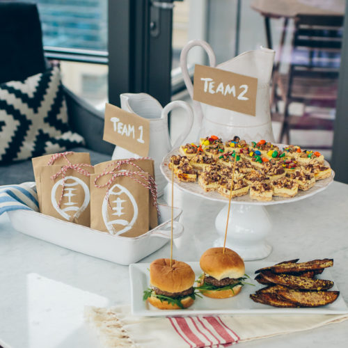 super bowl party ideas, game day party, mini burgers, cheesecake bars — via @TheFoxandShe