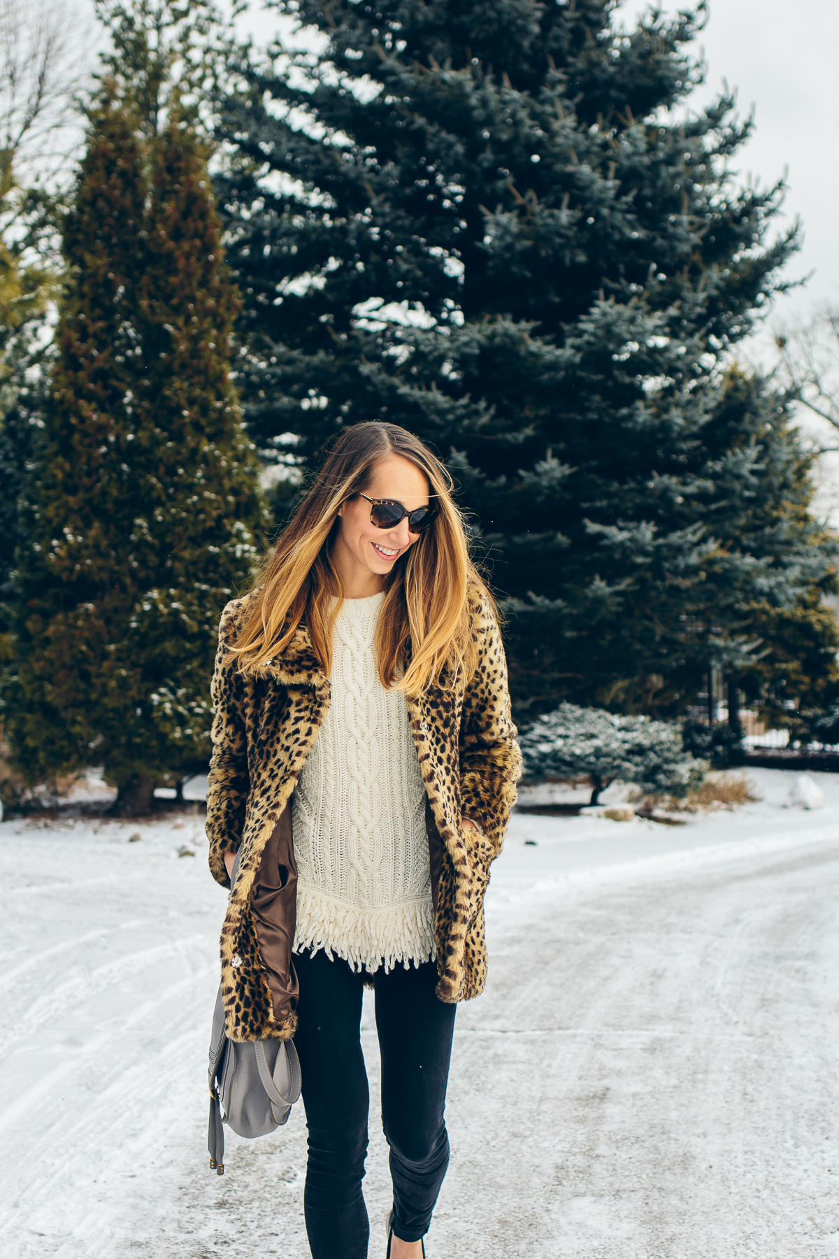leopard coat, fringe sweater, black skinny jeans, chloe bag — via @TheFoxandShe