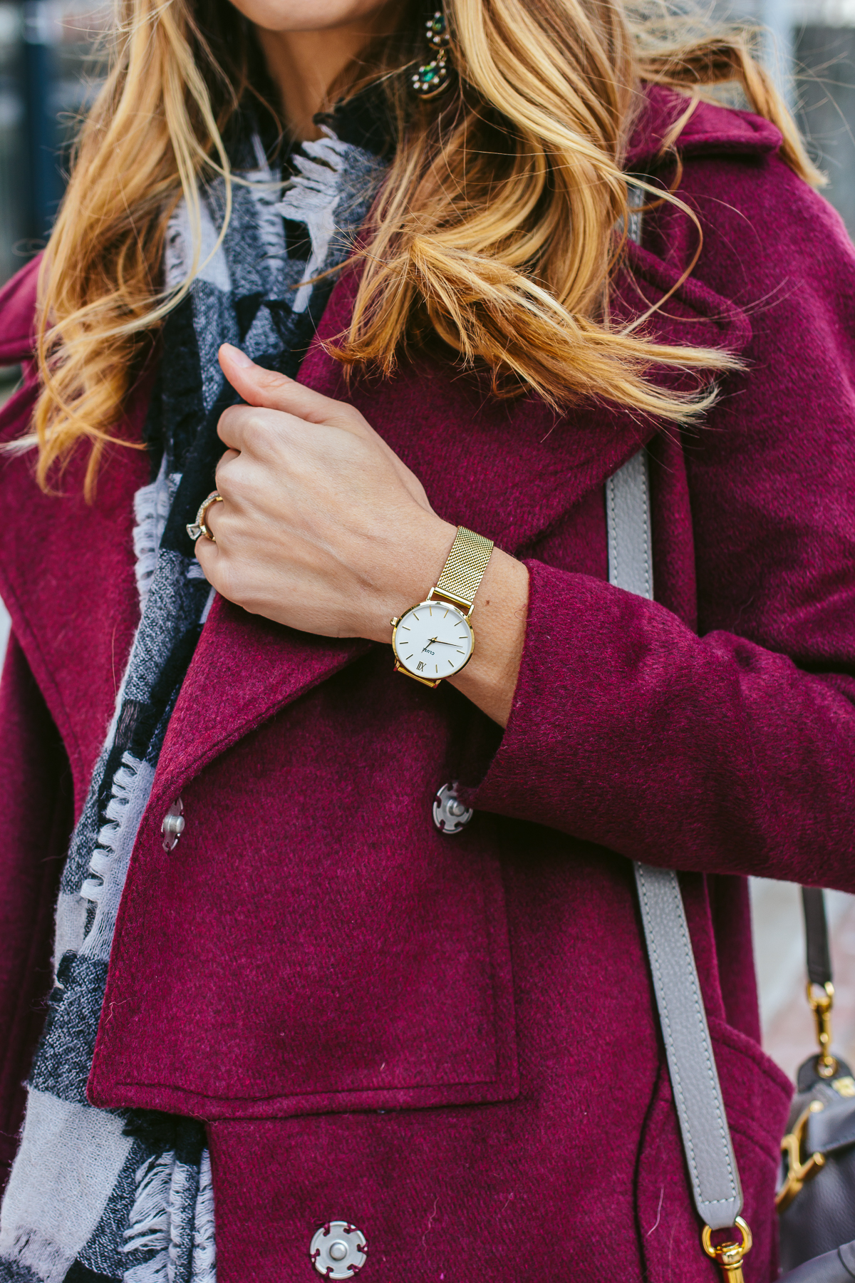 winter outfit inspiration, raspberry coat, designer purse, chicago style blogger, grey skinny jeans, cluse watch — via @TheFoxandShe
