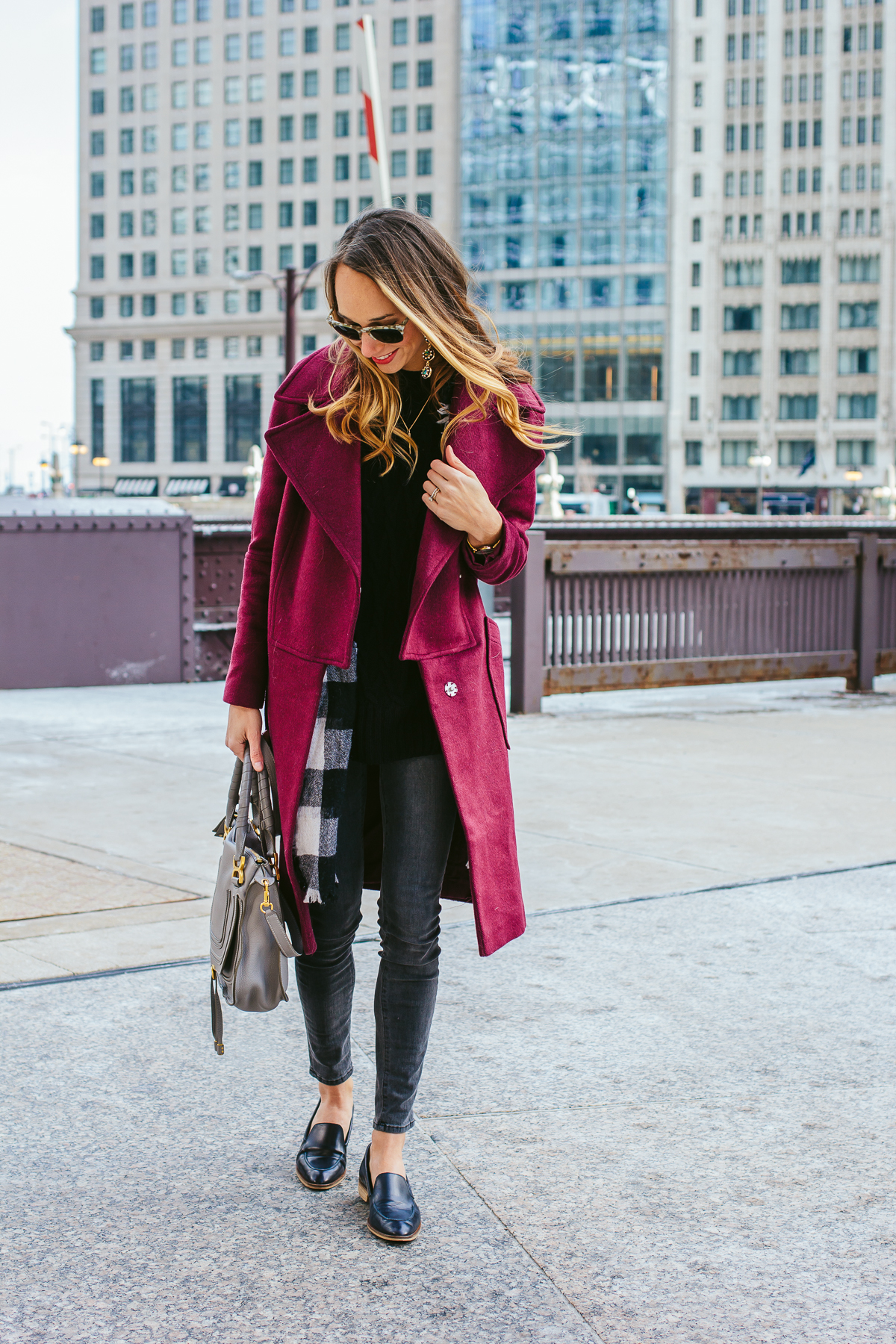 winter outfit inspiration, raspberry coat, designer purse, chicago style blogger, grey skinny jeans — via @TheFoxandShe