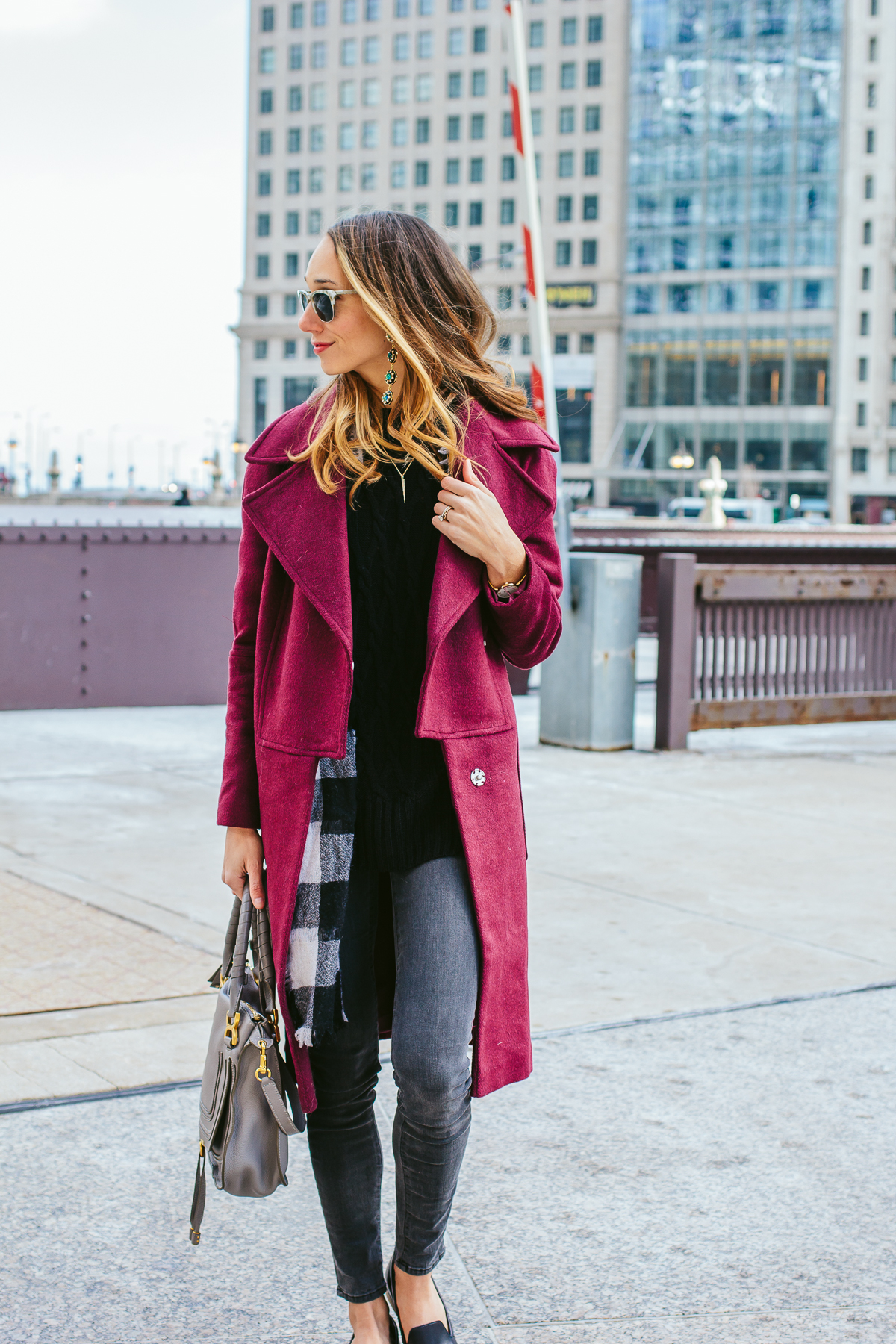 winter outfit inspiration, raspberry coat, designer purse, chicago style blogger, grey skinny jeans — via @TheFoxandShe