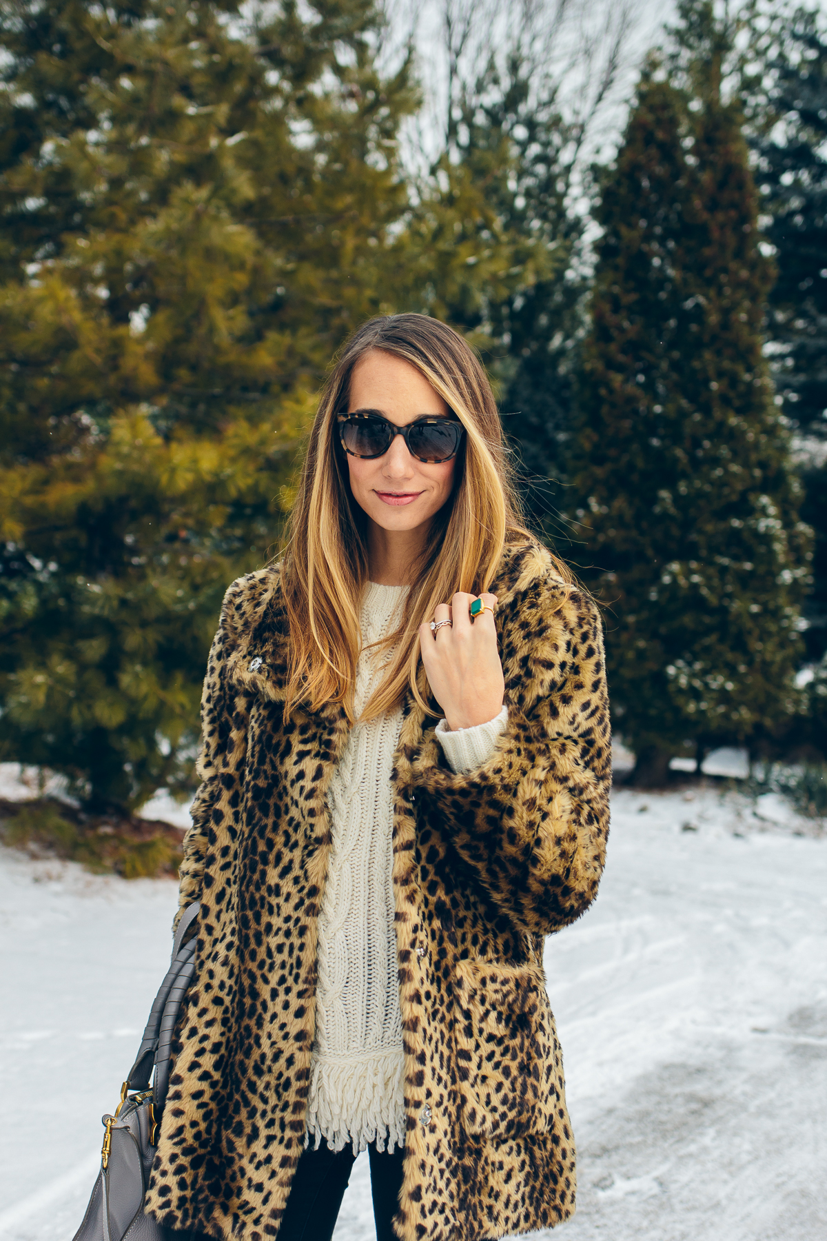 leopard coat, cable knit sweater — via @TheFoxandShe