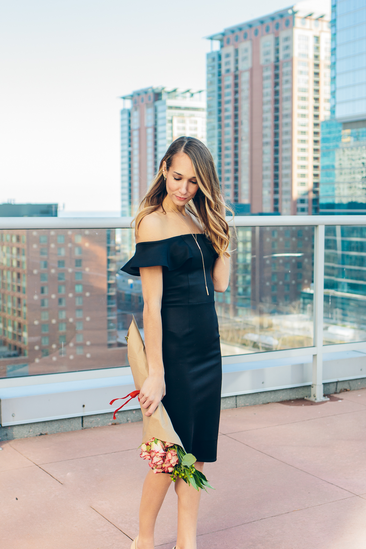 off the shoulder dress, little black dress, ruffled top dress, pencil dress, valentines day outfit — via @TheFoxandShe