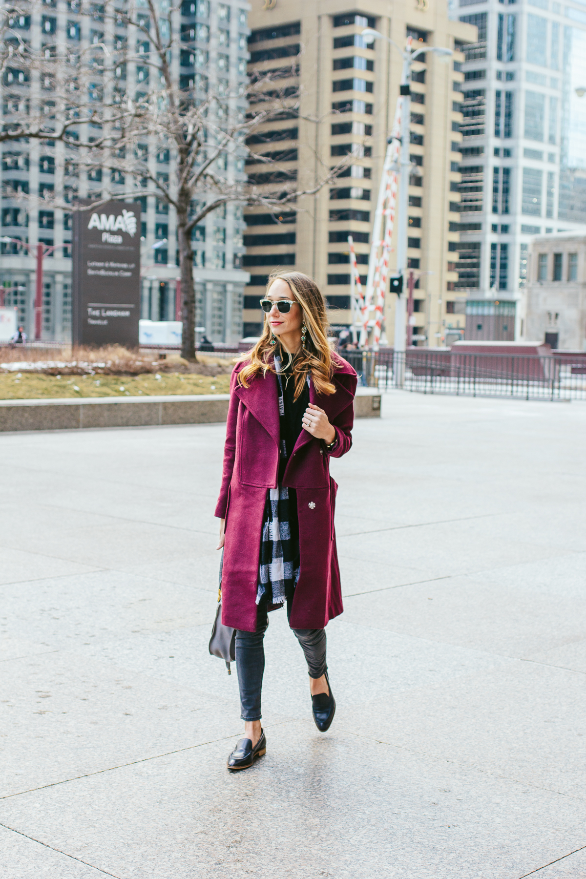 winter outfit inspiration, raspberry coat, designer purse, chicago style blogger, grey skinny jeans — via @TheFoxandShe
