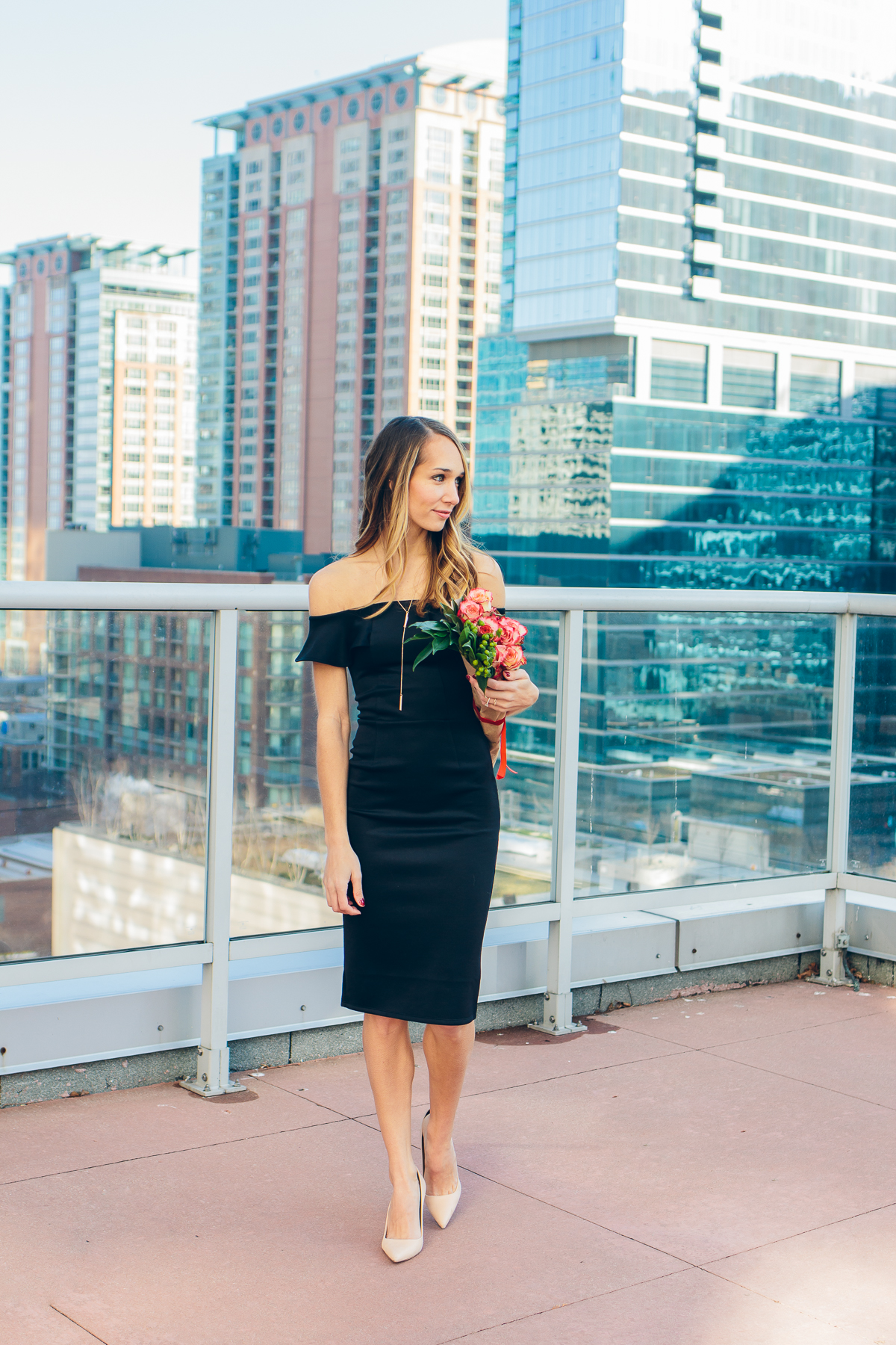 off the shoulder dress, little black dress, ruffled top dress, pencil dress, valentines day outfit — via @TheFoxandShe