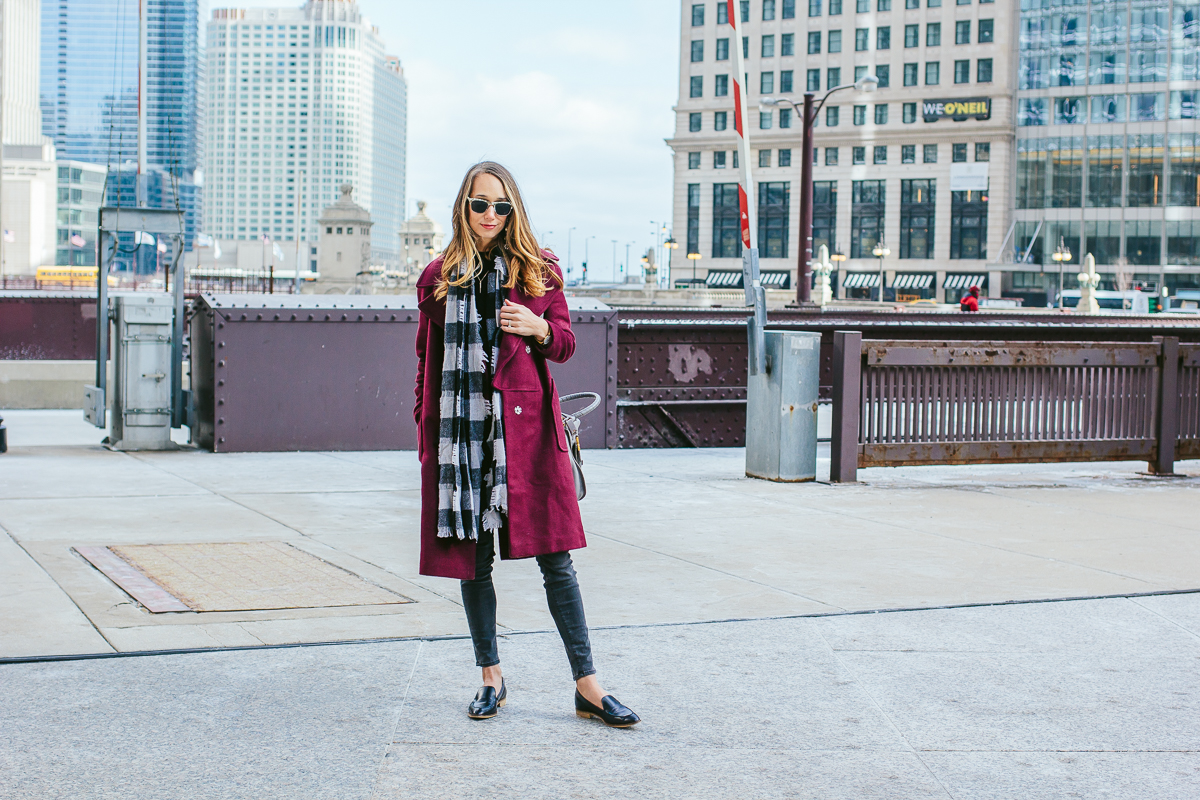 winter outfit inspiration, raspberry coat, designer purse, chicago style blogger, grey skinny jeans — via @TheFoxandShe