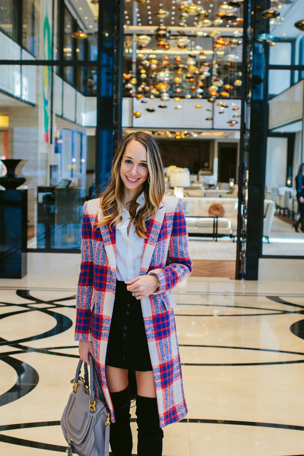 plaid coat, buttoned skirt, knee high boots, winter outfit — via @TheFoxandShe