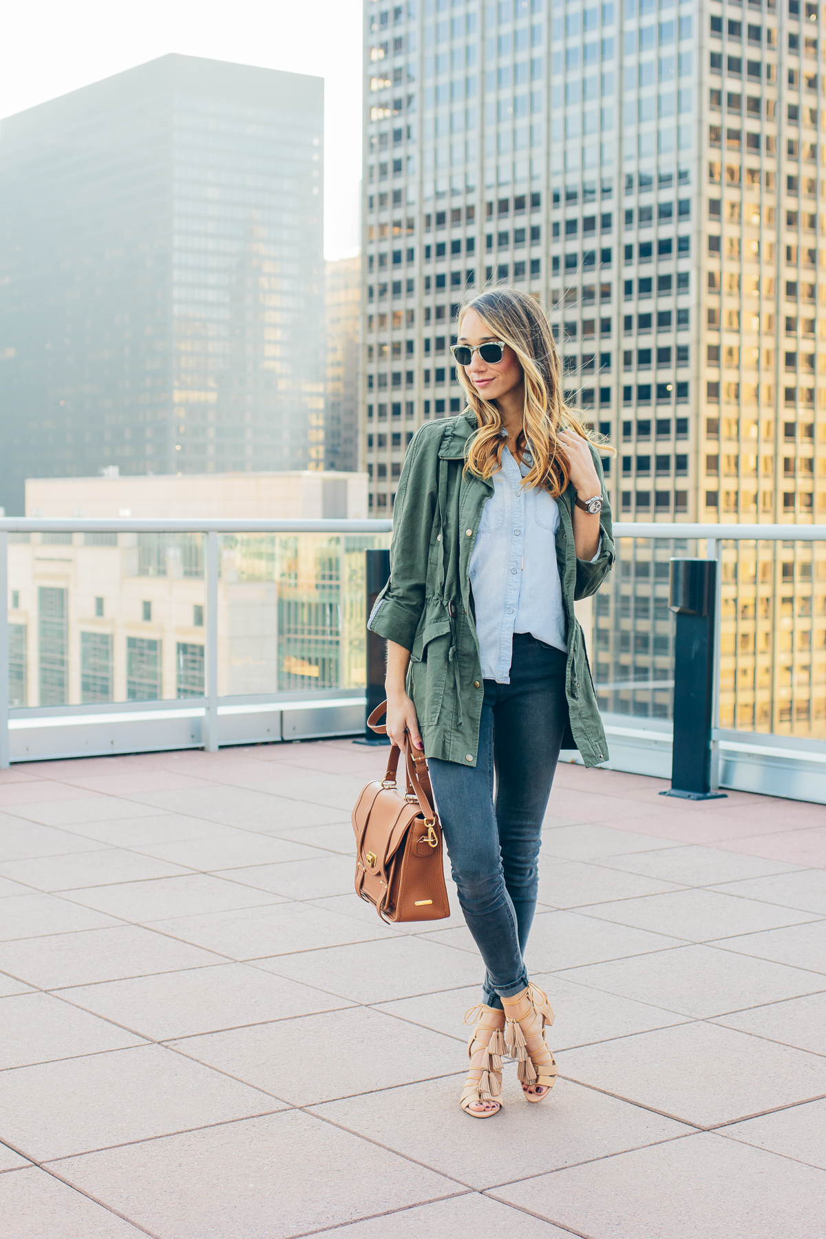 tassel sandals, military jacket, chambray, casual outfit — via @TheFoxandShe