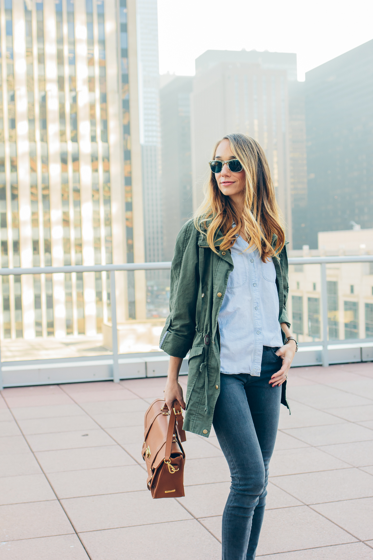 tassel sandals, military jacket, chambray, casual outfit — via @TheFoxandShe