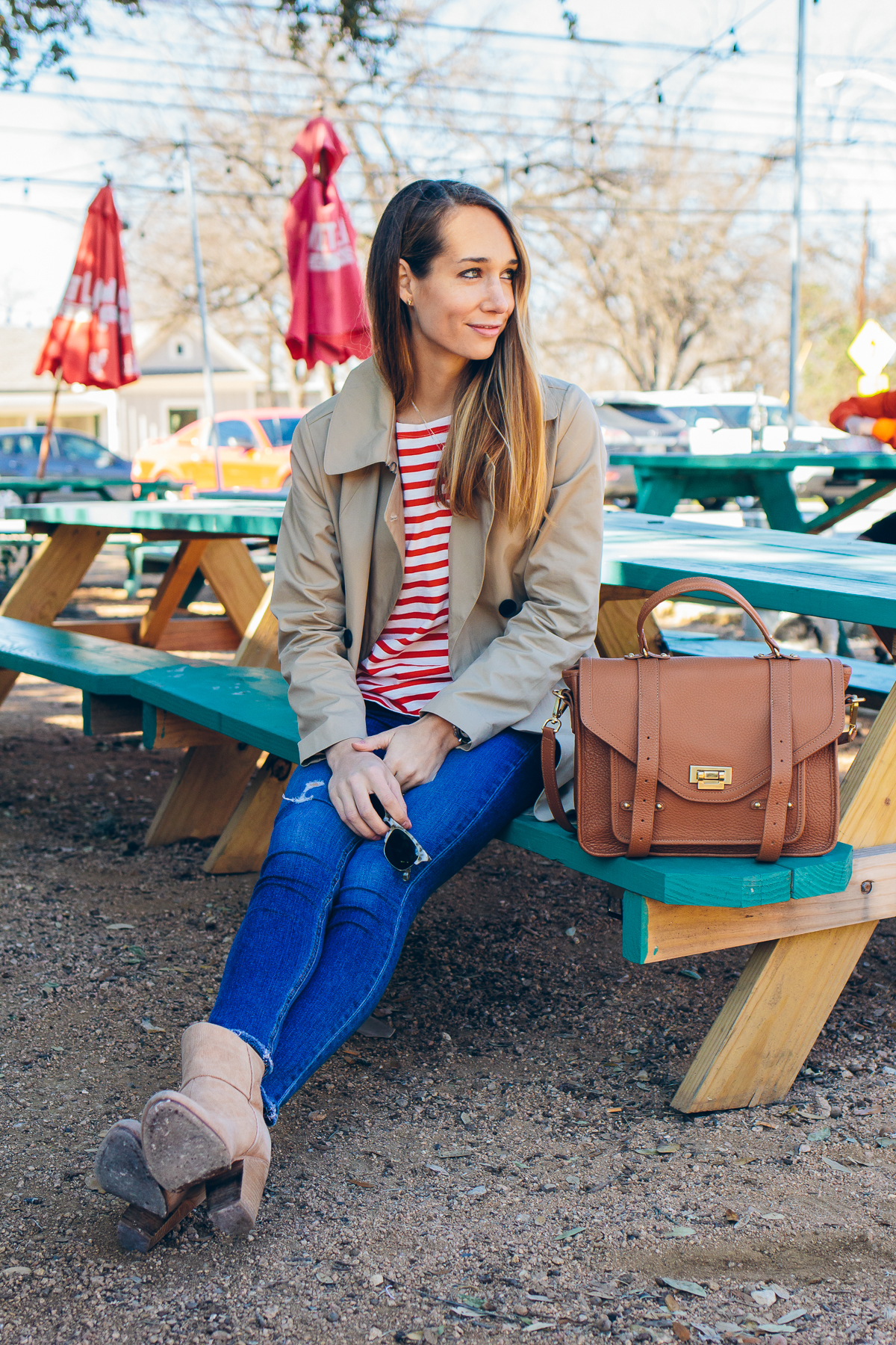 striped tee, trench coat, ripped skinny jeans, cute casual outfit — via @TheFoxandShe