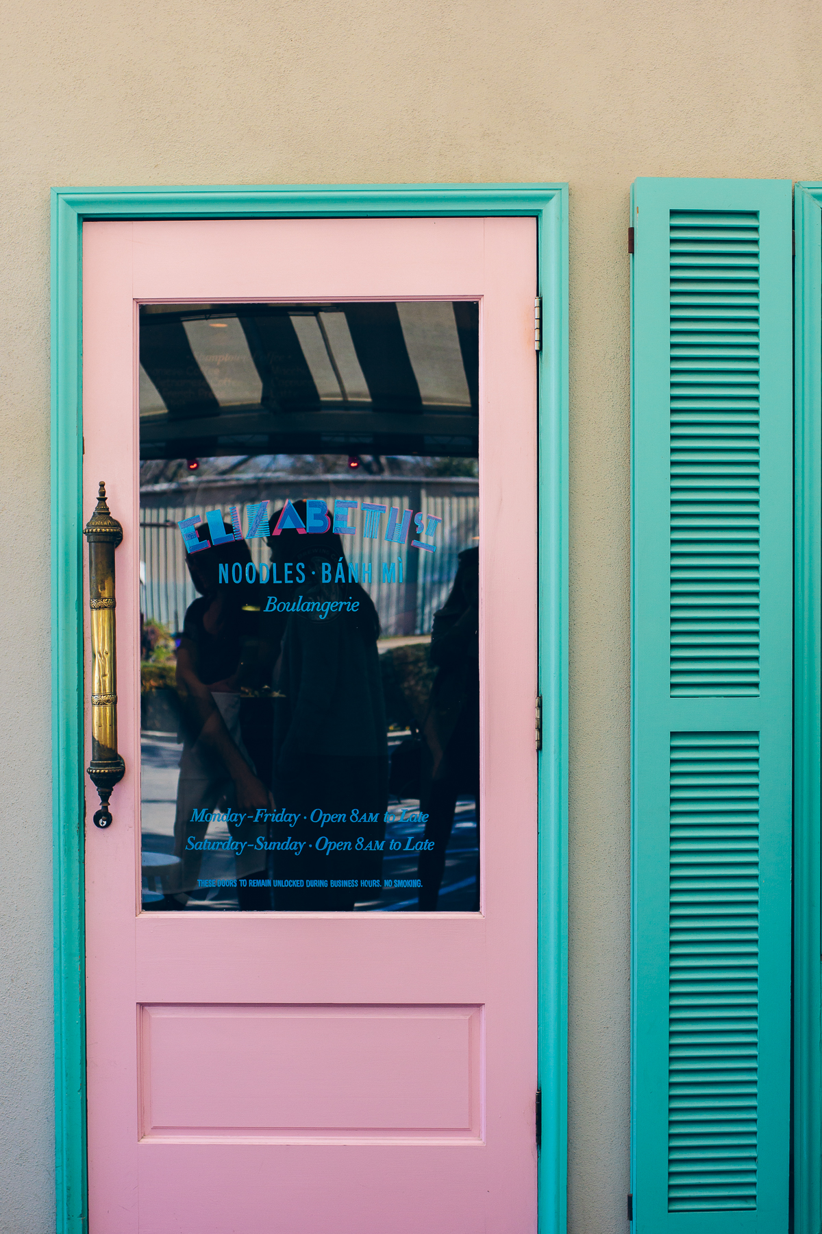 pink door, turquoise shutters, elizabeth street cafe, vietnamese food, austin texas — via @TheFoxandShe
