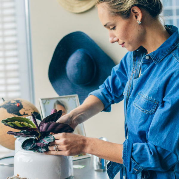 denim dress, at home garden — via @TheFoxandShe