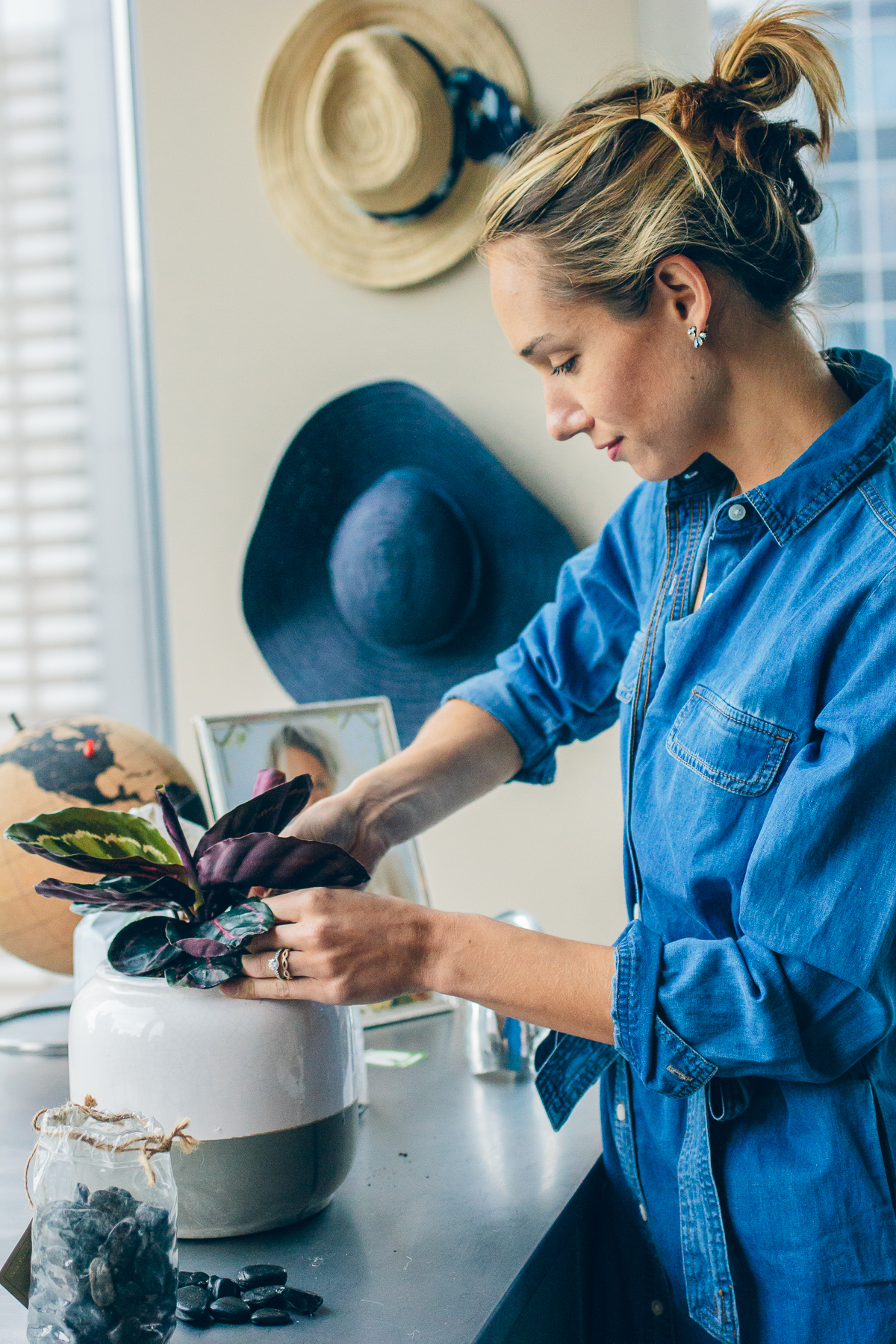 denim dress, at home garden — via @TheFoxandShe