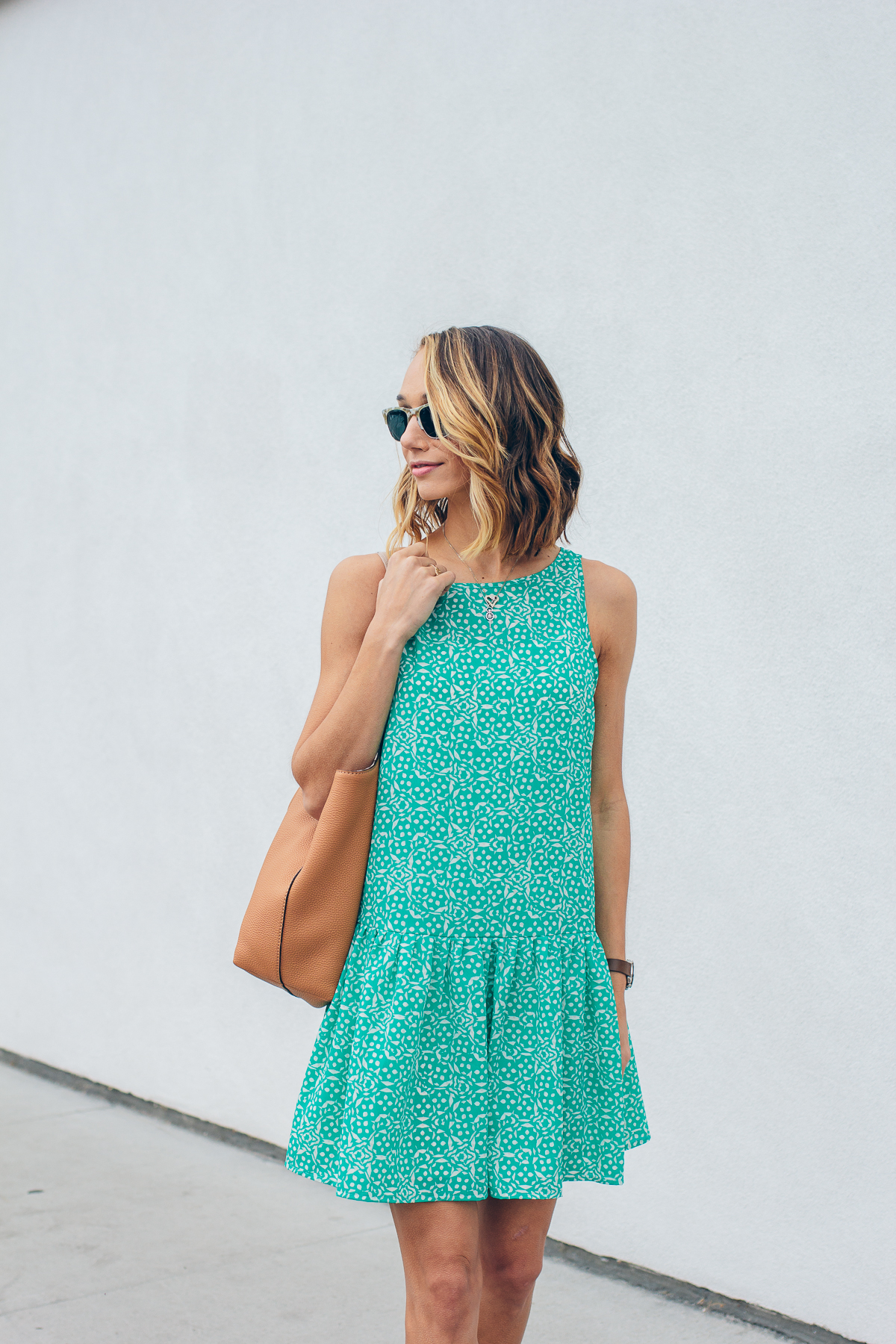 cupcakes and cashmere dress, drop waist dress, tan mules, summer outfit, tassel tote bag — via @TheFoxandShe