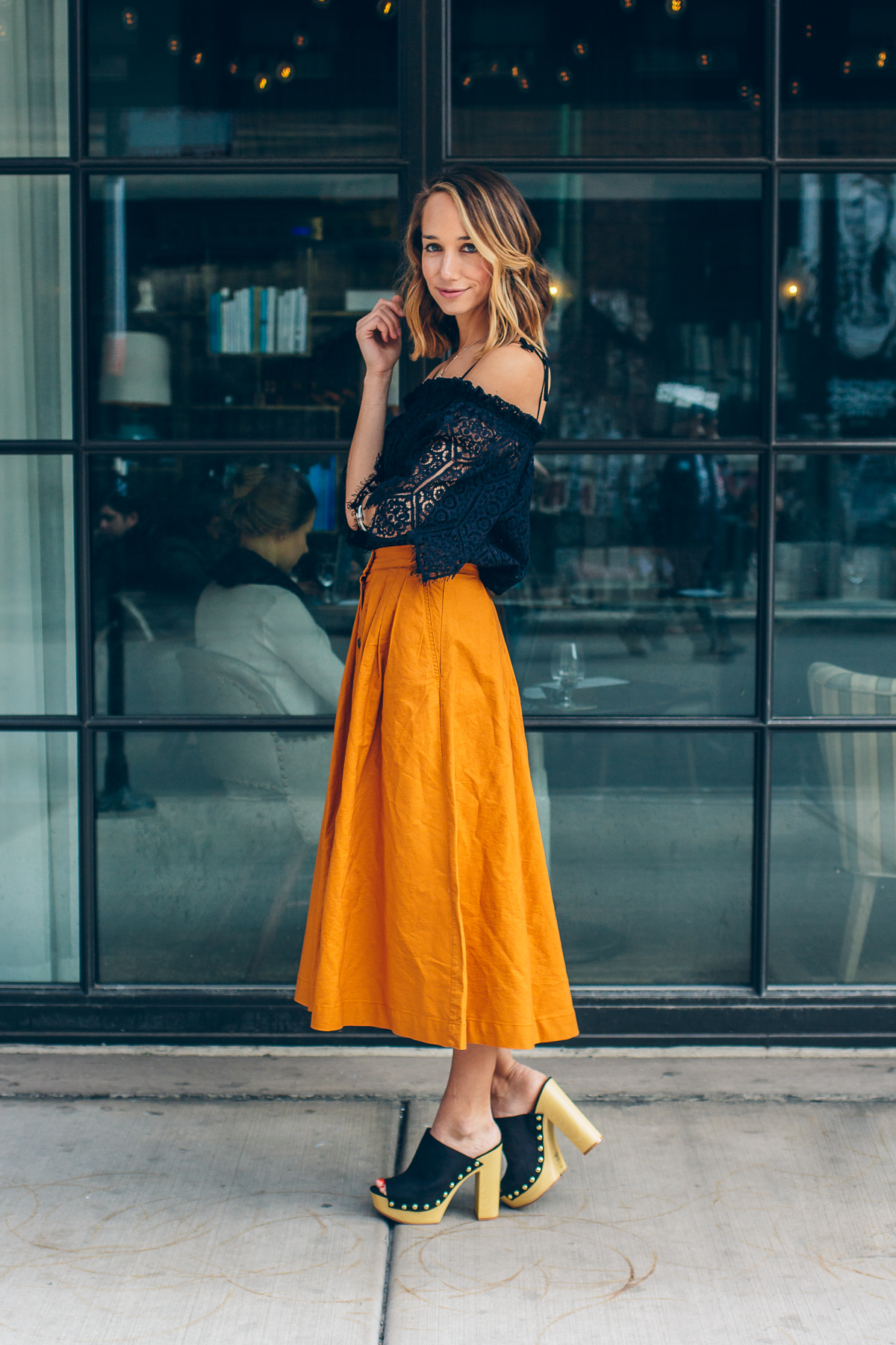 midi skirt, festival style, festival outfit, lace off the shoulder top, platform mules, spring outfit idea — via @TheFoxandShe