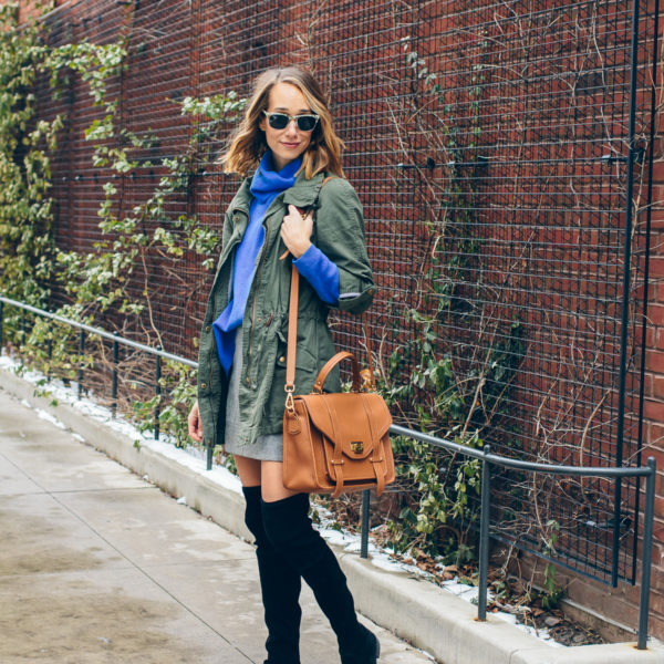 how to style a military jacket, anorak, over the knee boots, winter to spring transition, casual outfit, chicago style blogger