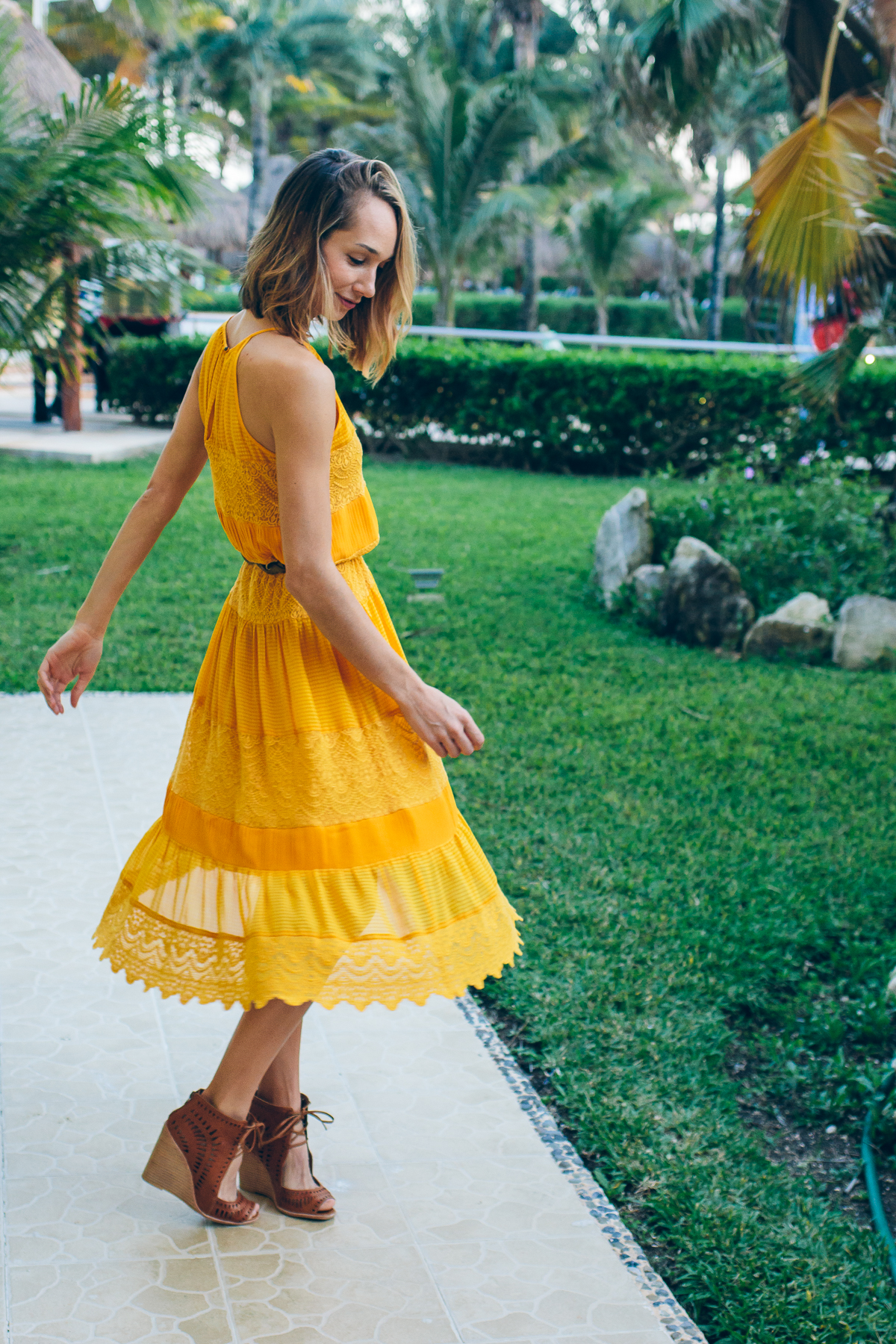 villanelle lace dress, anthropologie lace dress, yellow dress, spring outfit, blogger outfit, fashion blogger outfit — via @TheFoxandShe