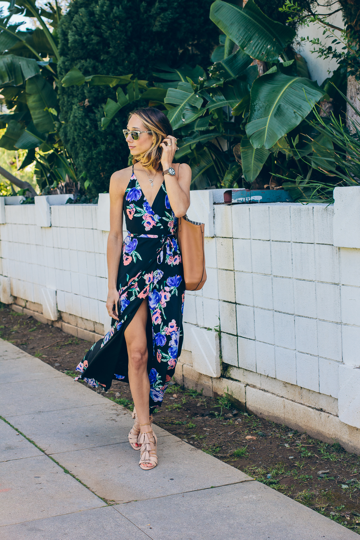 yumi kim dress, floral maxi dress, wrap dress, spring outfit, summer outfit, tassel tote bag — via @TheFoxandShe