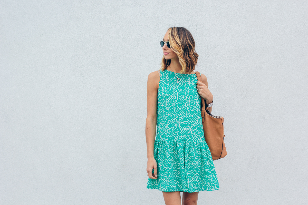 cupcakes and cashmere dress, drop waist dress, tan mules, summer outfit, tassel tote bag — via @TheFoxandShe