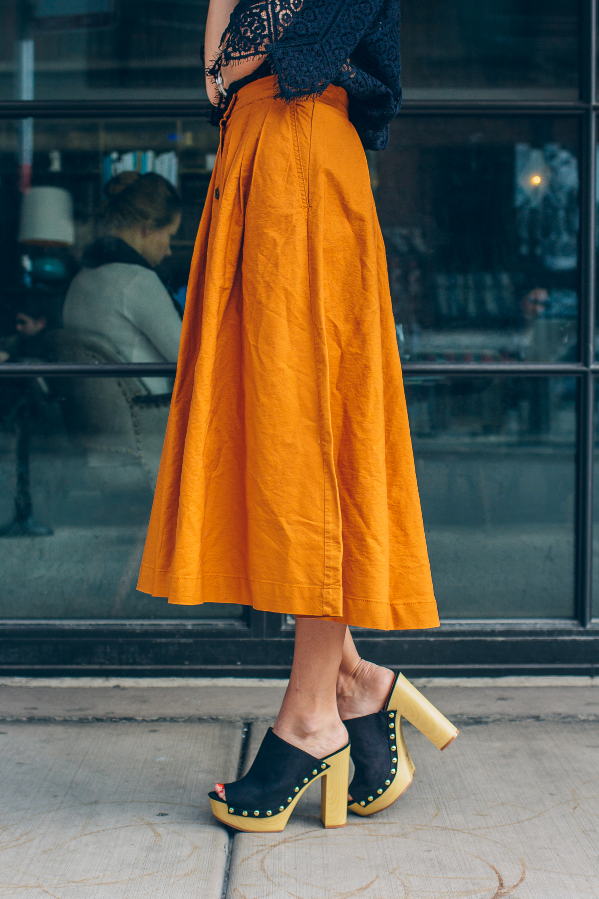 midi skirt, platform mules, spring outfit idea — via @TheFoxandShe